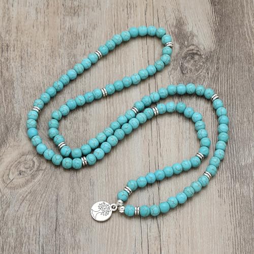 Handmade 108 Stone Mala Beads with Tree of Life Charm - Wear as Necklace or Bracelet - style: Green Turquoise