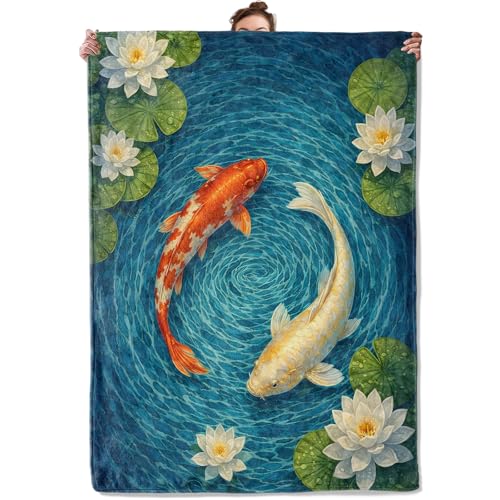Koi Fish Lotus Pond Throw Blanket, Swirl Water Lily Garden, Soft Flannel Fleece, 50x60 Inch, Sofa Bed Meditation Room Blankets for Nature Lovers, Cozy Oriental Home Decor Gifts - color: Koi Fish, size: 60x50 INCH