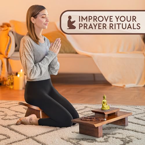 Meditation Altar Table and Meditation Ergonomic Kneeling Bench Bundle - Made of Strong and Durable Mango Wood