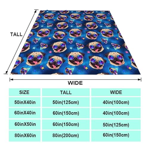 Adults Children Extra Soft Blankets, Galaxy Pug with Cool Glasses Keep Warm Throw Wrap Throw Wearable Blankets, Camping Blankets - color: Pattern 11, size: 50x60inch-teens