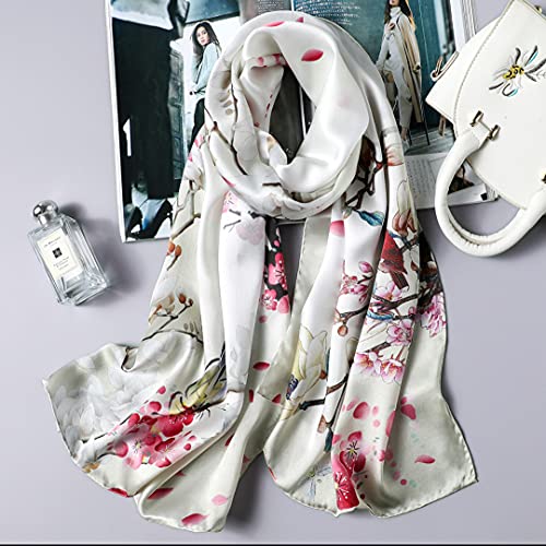 100% Mulberry Silk Long Scarf for Women Large Shawls for Headscarf and Neck- Oblong Hair Wraps with Gift Packed - color: Beige-flower&birds