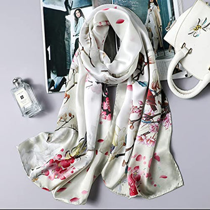 100% Mulberry Silk Long Scarf for Women Large Shawls for Headscarf and Neck- Oblong Hair Wraps with Gift Packed - color: Beige-flower&birds