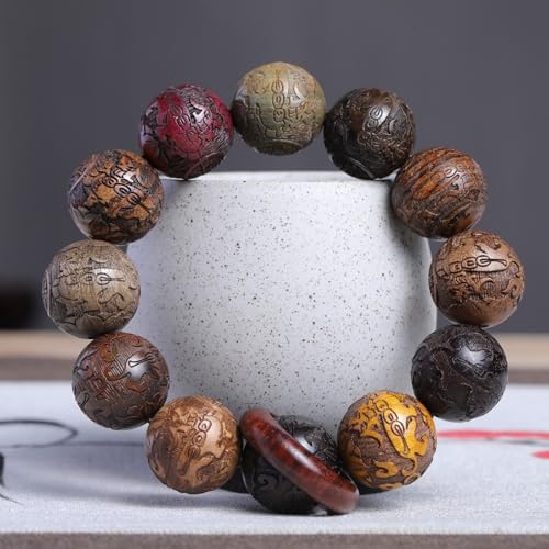 Zen Dear Unisex Natural Colorful Wood Buddhist Prayer Beads Bracelet Necklace Tibetan Mala Prayer Beads - style: 20mm 12beads Carve+Ring