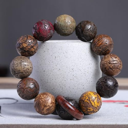 Zen Dear Unisex Natural Colorful Wood Buddhist Prayer Beads Bracelet Necklace Tibetan Mala Prayer Beads - style: 20mm 12beads Carve+Ring