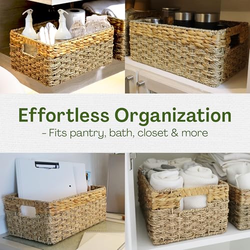 Large Wicker Storage Baskets with Handles, Natural Seagrass and Hyacinth Woven Storage Basket for Organizing Shelves, Closet, Pantry, Living Room, 17 x 11 x 7.5 Inches - size: Large - 17" x 11" x 7.5" in.