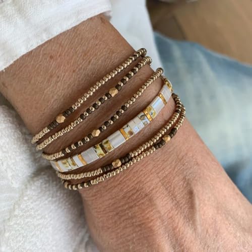 Tila Flat Beaded Stretch Bracelets for Women Stackable Gold Colorful Seed Beads Boho Bracelet Stack Adjustable Rope String Friendship Jewelry Trendy Holiday Gift - color: gold and white