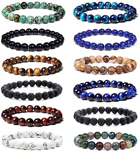 FIRAZIO 12Pcs 8mm Gemstones Beaded Stretch Bracelet for Women Crystal Stone Bracelets Round Beads Semi-Precious Stretch Bracelet Set Unisex