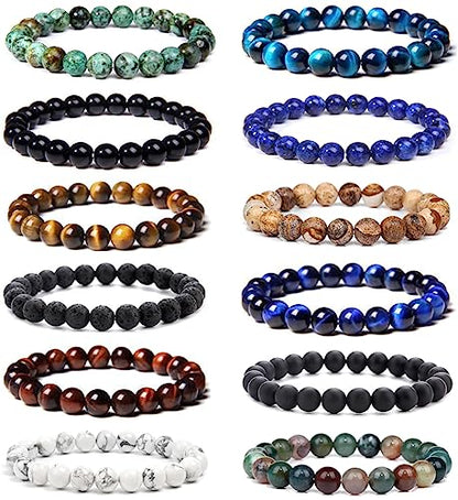 FIRAZIO 12Pcs 8mm Gemstones Beaded Stretch Bracelet for Women Crystal Stone Bracelets Round Beads Semi-Precious Stretch Bracelet Set Unisex