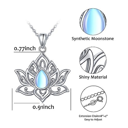 Lotus Neckalces for Women 925 Sterling Silver Moonstone/Turquoise Lotus Pendant for Girls Anxiety Stress Relieving Birthday Yoga Gifts - style: Moonstone Lotus