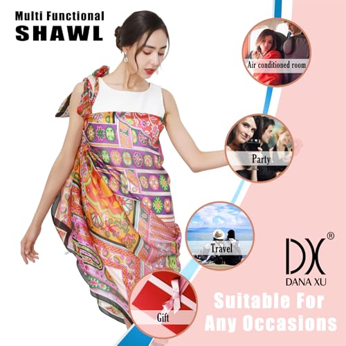 100% Mulberry Extra Large Silk Pashmina Scarf Shawls And Wraps For Women Evening Dress Summer Travel Floral Blanket - color: Orange Mosaic Dream