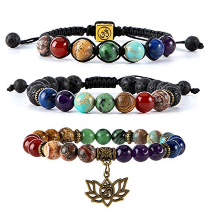 Bivei Chakra Bead Bracelets for Women - 8mm 7 Chakra Bracelet With Real Stones Yoga Gemstone Jewelry 3 Pack - style: #1 Set of 3 Chakras Lotus Bracelets