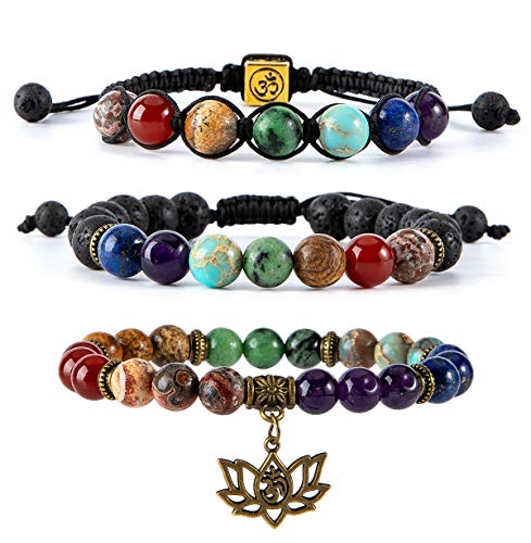 Bivei Chakra Bead Bracelets for Women - 8mm 7 Chakra Bracelet With Real Stones Yoga Gemstone Jewelry 3 Pack - style: #1 Set of 3 Chakras Lotus Bracelets
