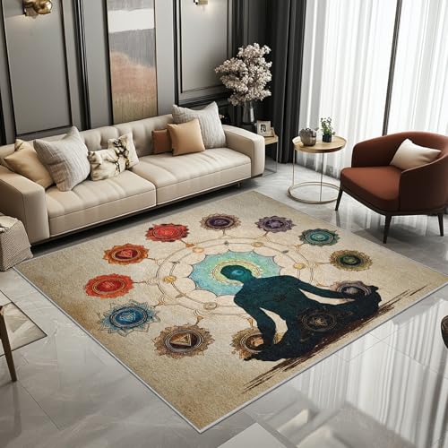 Chakra Meditation Rugs for Living Room 5x7, Yoga Pattern Design Area Rug, Zen Bedroom Decor Carpet, Washable Large Soft Low Pile Non Slip for Home Decor R340a