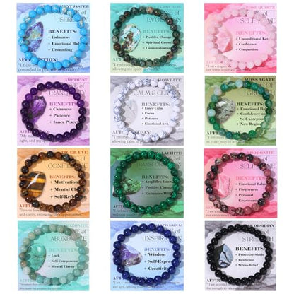 FIRAZIO 12PCS 6mm 8mm Gemstone Beaded Bracelets for Women Semi-Precious Natural Crystal Bracelets Round Beads Gemstones Stretch Bracelet Jewelry Gift - style: 8MM