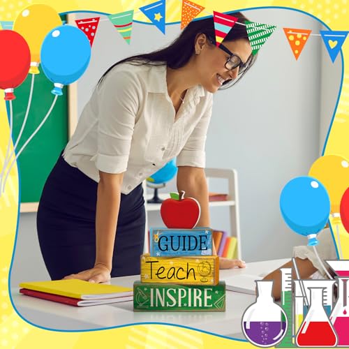 Yuntau 4 Pcs Teacher Appreciation Gift Wooden Apple Table Decoration Guide Teach Inspire Block Sign Apple Tiered Tray Decor Graduation Back to School Teachers Gift for Office Classroom - style: Apple