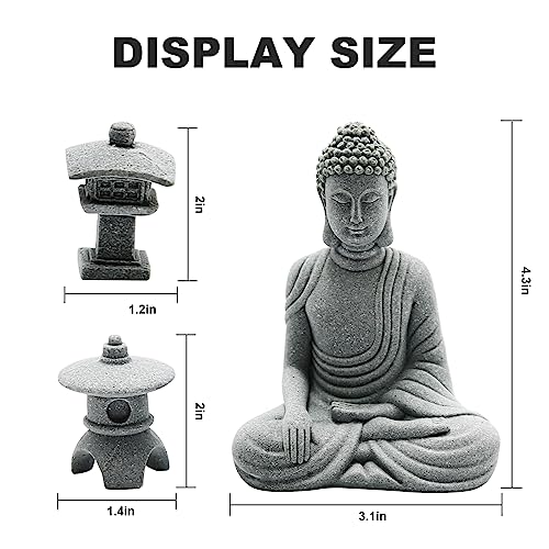 Hoypeyfiy Mini Buddha Statue Set with Stone Lantern, Zen Garden Accessories Sitting Buddha Figurine for Home Decor, Patio Yard Garden, Terrarium, Micro Landscape Decoration