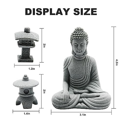 Hoypeyfiy Mini Buddha Statue Set with Stone Lantern, Zen Garden Accessories Sitting Buddha Figurine for Home Decor, Patio Yard Garden, Terrarium, Micro Landscape Decoration