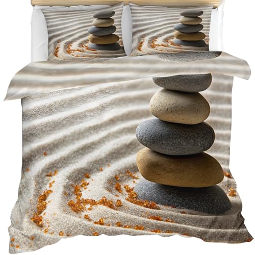 Zen-Inspired Stones Duvet Cover Set King Size,Beach Bedding Set Zen Comforter Cover 3Pcs,Kids Teens Couple Adults Room Decor, Bedspreads Cover,2 Pillowcases(NO Comforter)
