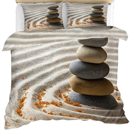 Zen-Inspired Stones Duvet Cover Set King Size,Beach Bedding Set Zen Comforter Cover 3Pcs,Kids Teens Couple Adults Room Decor, Bedspreads Cover,2 Pillowcases(NO Comforter)