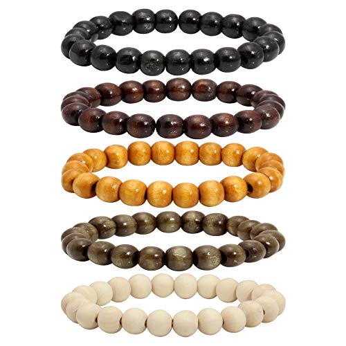 MILAKOO 5 Pcs Wooden Beaded Bracelet Bangle for Men and Women Elastic - style: B: 10MM