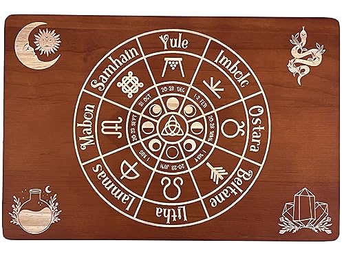 Altar Table, Meditation Table, Small Altar Table, Wooden Witch Altar, Wiccan Alter Table, Buddhist Shrine, Engraved Wheel of The Year on Table Top, 12 × 8 inches - color: Wheel of the Year