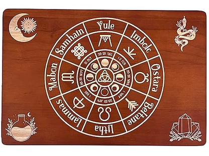 Altar Table, Meditation Table, Small Altar Table, Wooden Witch Altar, Wiccan Alter Table, Buddhist Shrine, Engraved Wheel of The Year on Table Top, 12 × 8 inches - color: Wheel of the Year