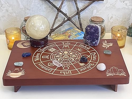 Altar Table, Meditation Table, Small Altar Table, Wooden Witch Altar, Wiccan Alter Table, Buddhist Shrine, Engraved Wheel of The Year on Table Top, 12 × 8 inches - color: Wheel of the Year