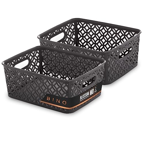 BINO l Plastic Storage Baskets, Medium - Grey | THE BLOSSOM COLLECTION l Multi-Use Organizer Bin l Built-in Handles l Plastic Woven Basket for Organizing l Pantry & Home Organizing Basket - color: Grey, size: 2PK Medium