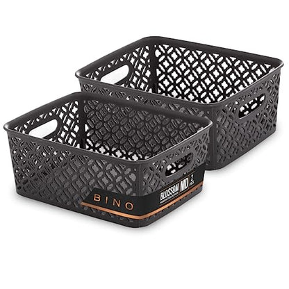BINO l Plastic Storage Baskets, Medium - Grey | THE BLOSSOM COLLECTION l Multi-Use Organizer Bin l Built-in Handles l Plastic Woven Basket for Organizing l Pantry & Home Organizing Basket