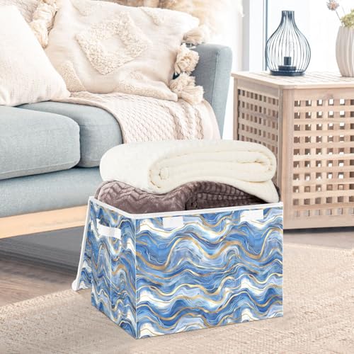 senya Large Storage Bins with Linen Collapsible Foldable Storage Cubes Fabric Closet Organizer Containers Box with Flip-Top Lid Home Bedroom Office 16.7 x 12.6 x 11.8in (Blue Gold) - color: Blue Gold