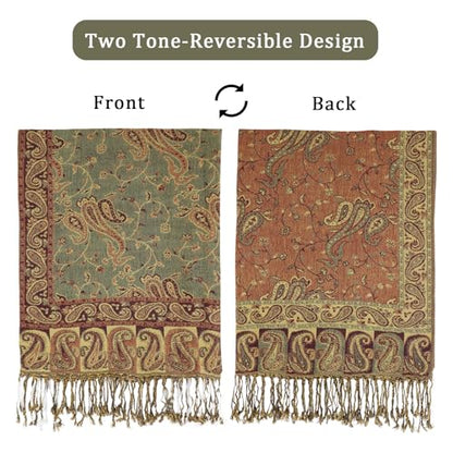 Ciormis Two Tone Silky Paisley Pashmina Shawl Scarf,Soft Women's Rave Jacquard Pashminas Wrap Scarves - color: Style1 -Olive Green Paisley