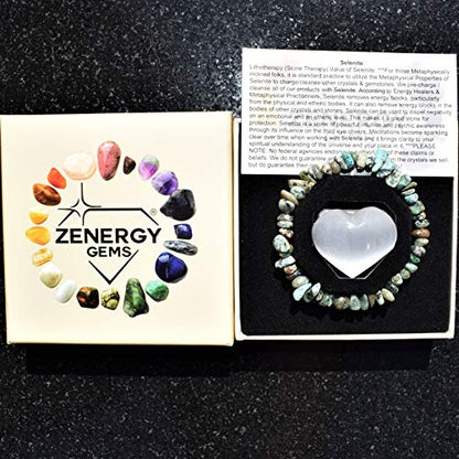 Zenergy Gems Charged Premium Natural Crystal Chip Bead Bracelet + Moroccan Selenite Charging Crystal [Included] - color: African Turquoise