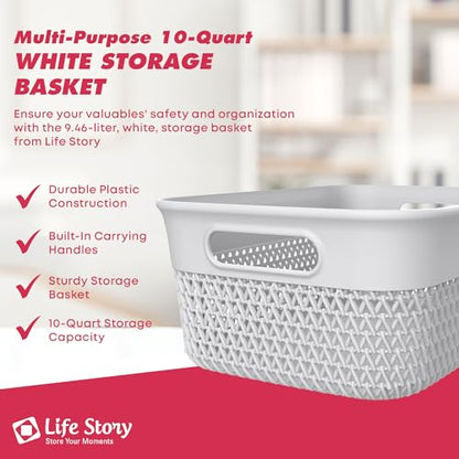Life Story Medium Storage Basket, Decorative Plastic Home Organizer, Lightweight Versatile Tub with Built-In Handles, 10 Quart, White