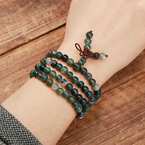 Jovivi 108 Mala Beads Bracelet 6mm 8mm Natural Indian Agate/Green Moss Agate Gemstone Healing Crystal Stone Beaded Bracelet Hand Knotted Prayer Mala Beads Necklace for Yoga Meditation Balance - color: 6mm - Moss Agate