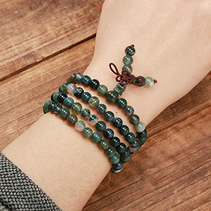 Jovivi 108 Mala Beads Bracelet 6mm 8mm Natural Indian Agate/Green Moss Agate Gemstone Healing Crystal Stone Beaded Bracelet Hand Knotted Prayer Mala Beads Necklace for Yoga Meditation Balance - color: 6mm - Moss Agate