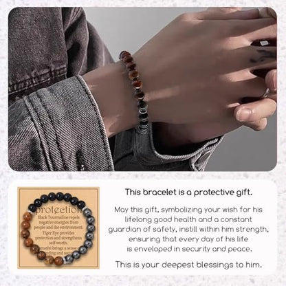 Energy Mens Beaded Bracelets,Triple Protection Bracelet for Men,Made of Three Kinds of 8mm Beads (Black Obsidian Hematite Tiger Eye Beaded), Personalized Gifts for Men - size: 8.4 inches