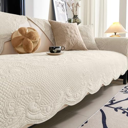 vctops Boho Cotton Quilted Couch Cover Soft Embroidered Sofa Cover Non-Slip Dog Bed Cover Scalloped Sofa Slipcover Washable Furniture Protector Cover (Cream,28"x82") - color: Cream, size: 1pc/28"x82"/Rectangular