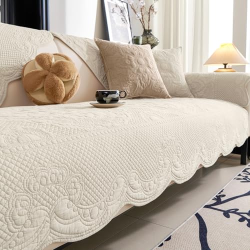 vctops Boho Cotton Quilted Couch Cover Soft Embroidered Sofa Cover Non-Slip Dog Bed Cover Scalloped Sofa Slipcover Washable Furniture Protector Cover (Cream,28"x70") - color: Cream, size: 1pc/28"x70"/Rectangular
