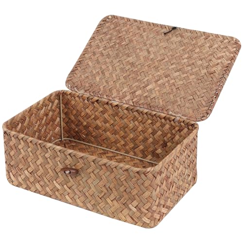 FEIALNDUO Wicker Shelf Baskets with Lid,Seagrass Storage Basket Bins Rectangular Handwoven Basket Boxes for Shelves Desktop Home Organizer (Coffee, Small) - color: Coffee, size: Small