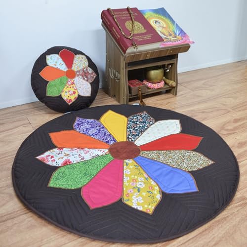 Handmade Round Area Rug with Zafu Cushion, Quilted Cotton Floral Meditation Rug, 27.5–59.1 Inch Zen Floor Rug for Yoga, Meditation & Home Decor (Brown, 43.3 inch) - color: Brown, size: 43.3 inch