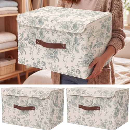 2 Pack Sage Green Floral Storage Bin with Lids Large Floral Storage Bin with Handles 15x10x10 Inch Foldable Fabric Basket Decorative Organizer Boxes Containers for Clothes Bedroom - color: sage green, size: 15x10x10 Inch