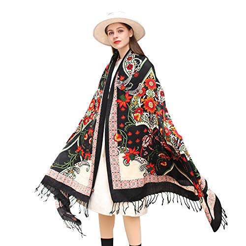 100% Merino Wool Pashmina Shawl for Women 96"x43", Oversized Cashmere Wrap with Tassels, Floral Travel Blanket Cape - color: Black Red Autumn Blossom