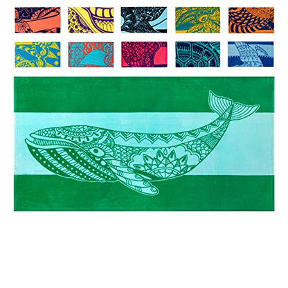 Nova Blue Whale Beach Towel (34 X 63) – Green Oversized Beach Towel with Whale Design Quick Dry BeachTowels Made from 100% Cotton – Sand Free Beach Towels – Extra Large BeachTowel - color: Whale
