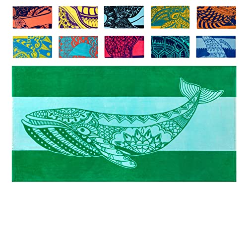 Nova Blue Whale Beach Towel (34 X 63) – Green Oversized Beach Towel with Whale Design Quick Dry BeachTowels Made from 100% Cotton – Sand Free Beach Towels – Extra Large BeachTowel - color: Whale