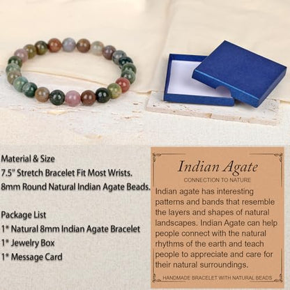 LPBeads Handmade Natural Gemstone Stretch Elastic Bracelet Healing Crystal Round Stone Beads Jewelry Gifts for Women Men - color: Indian Agate, size: 8mm