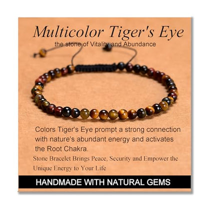 MASSIVE BEADS Handmade Yoga Natural Stone Crystal Healing Power Energy Gifts for Unisex Adult Bracelet Macrame Adjustable - color: 3-Tiger's Eye (Vitality and Abundance), size: 4mm