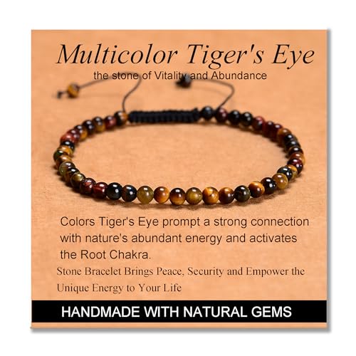 MASSIVE BEADS Handmade Yoga Natural Stone Crystal Healing Power Energy Gifts for Unisex Adult Bracelet Macrame Adjustable - color: 3-Tiger's Eye (Vitality and Abundance), size: 4mm