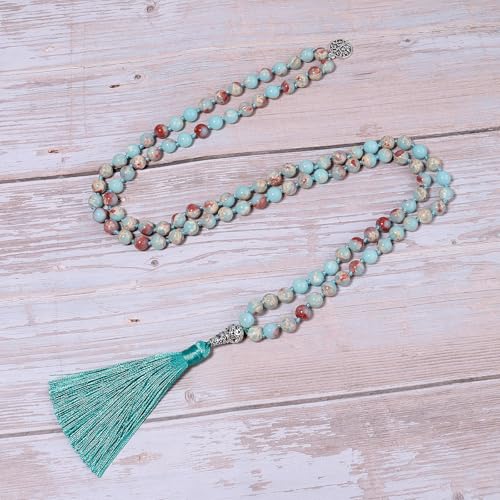 108 Mala Beads Necklace Semi-Precious Gem Stones Meditation Necklace 108 Hand Knotted Japa Mala Beaded Tassel Necklace with Tree of Life Pendant - color: Shoushan Stone