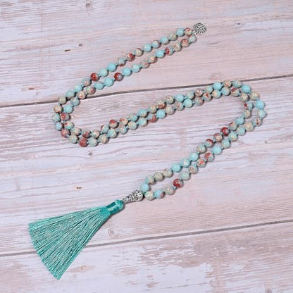 108 Mala Beads Necklace Semi-Precious Gem Stones Meditation Necklace 108 Hand Knotted Japa Mala Beaded Tassel Necklace with Tree of Life Pendant - color: Shoushan Stone
