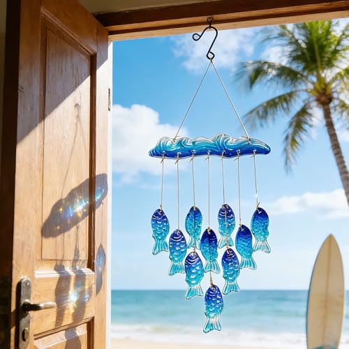 H&D HYALINE & DORA 21 Inch Blue Sea Glass Wind Chimes for Outside Blown Glass Fish Windchime Outdoor Decor for a Harmonic Porch, Patio & Garden - color: Waves